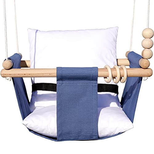 Fabric and wood toddler swing chair Blue indoor baby swing